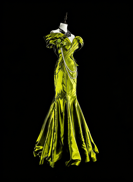 Dreamy Prom Dresses Vintage 90s Retro Off The Shoulder Olive Green Satin Long Formal Outfits N2366