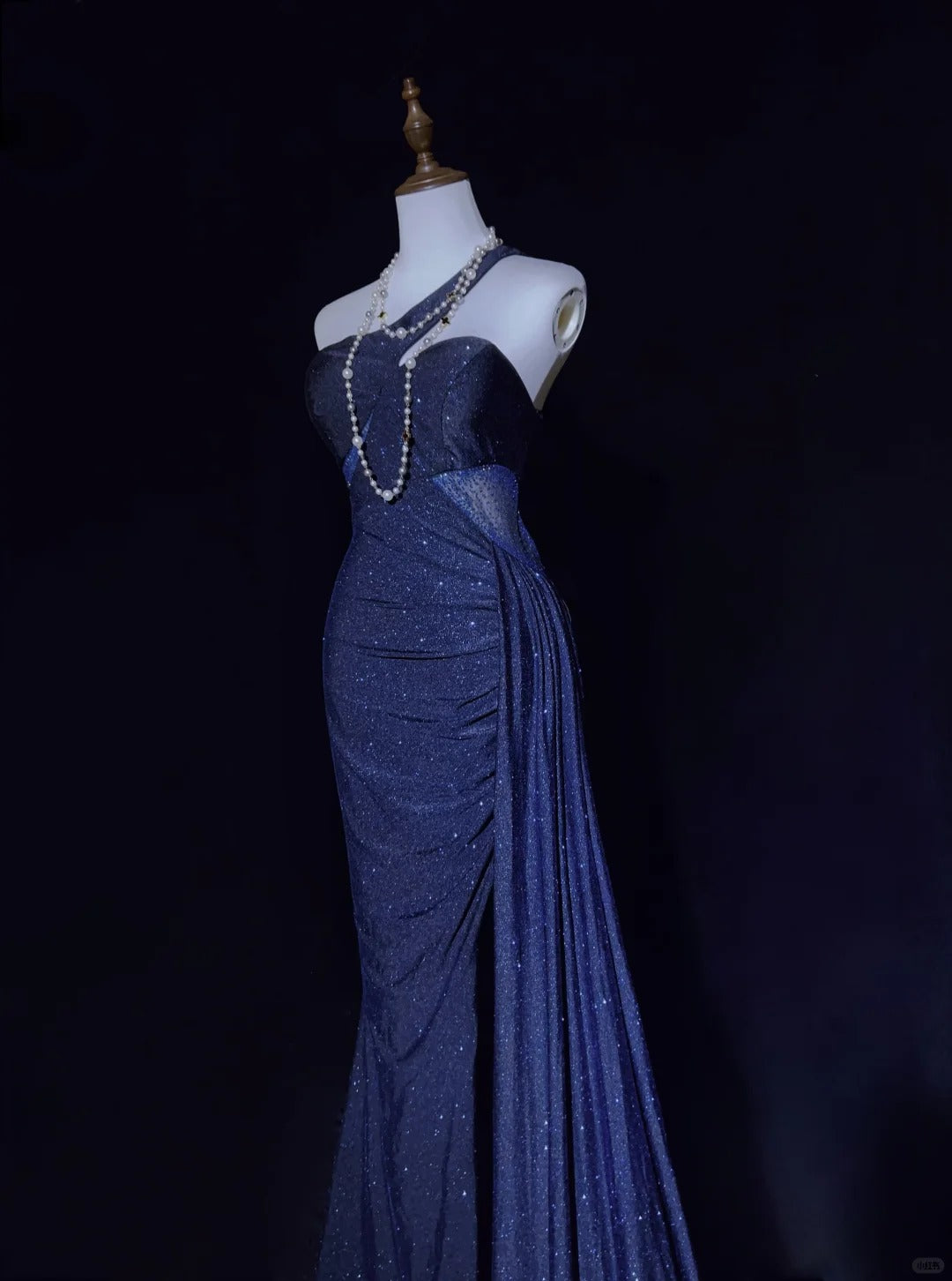 Vintage Prom Dresses 90s Mermaid One Shoulder Navy Blue Sequined Backless Long Evening Outfits N3140
