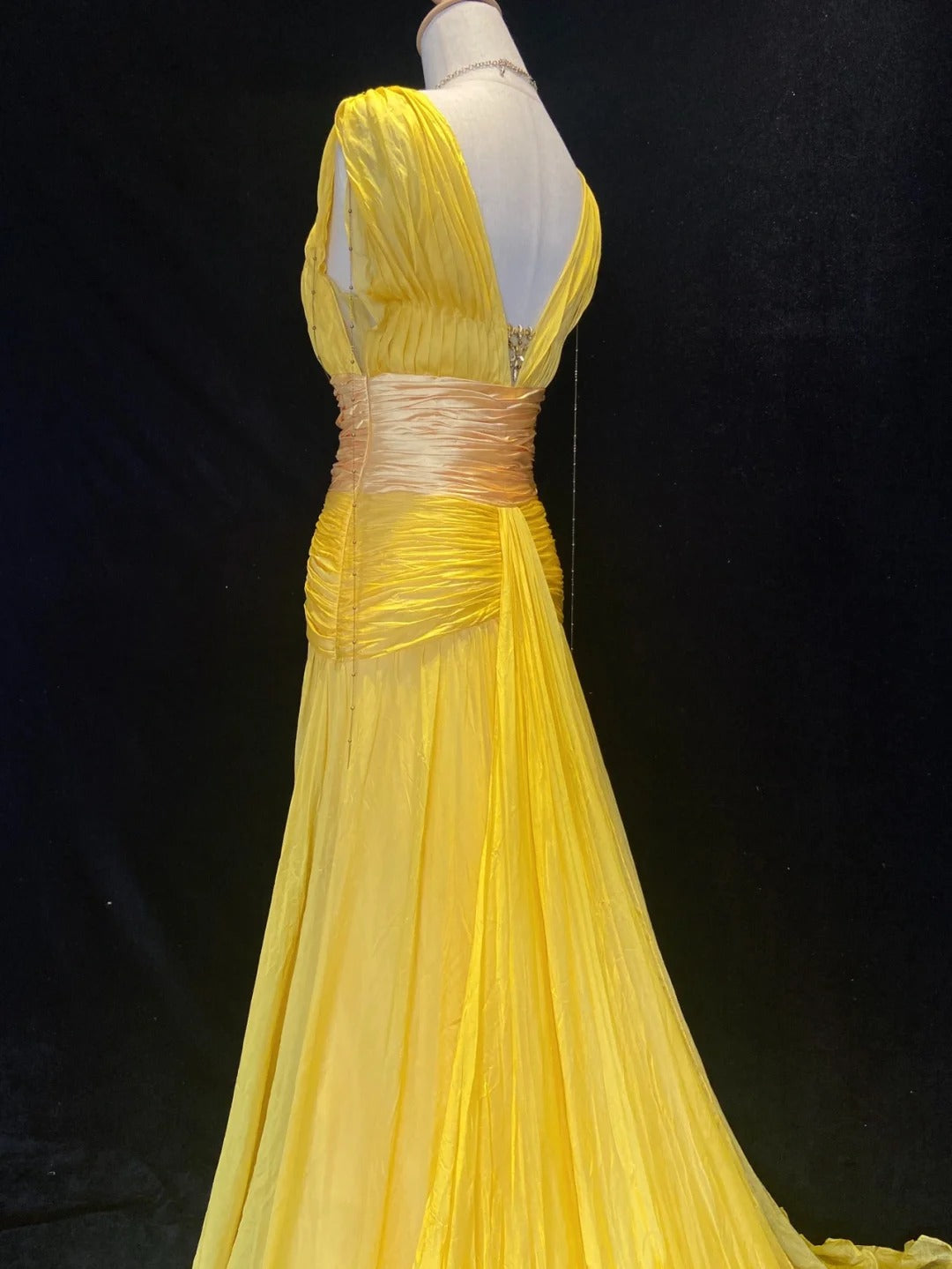 Modest Prom Dresses Mermaid V Neck Yellow Chiffon With Beading Gold Lace Long Formal Evening Dress N3867