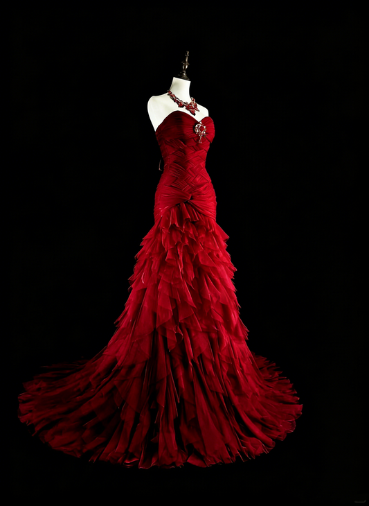 Vintage Prom Dresses Mermaid Sweetheart Red Tulle With Tiered Layers Long Party Dress N2376