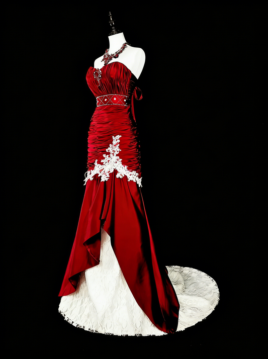 Vintage Prom Dresses Mermaid Sweetheart Burgundy Satin With White Lace Long Formal Dress N2377