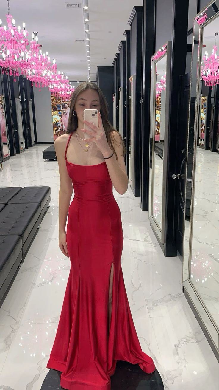 Elegant Mermaid Halter Red Satin With Slit Bodycon Evening Women Party Dresses Long Formal Prom Dress 16 Birthday Gown AB1239