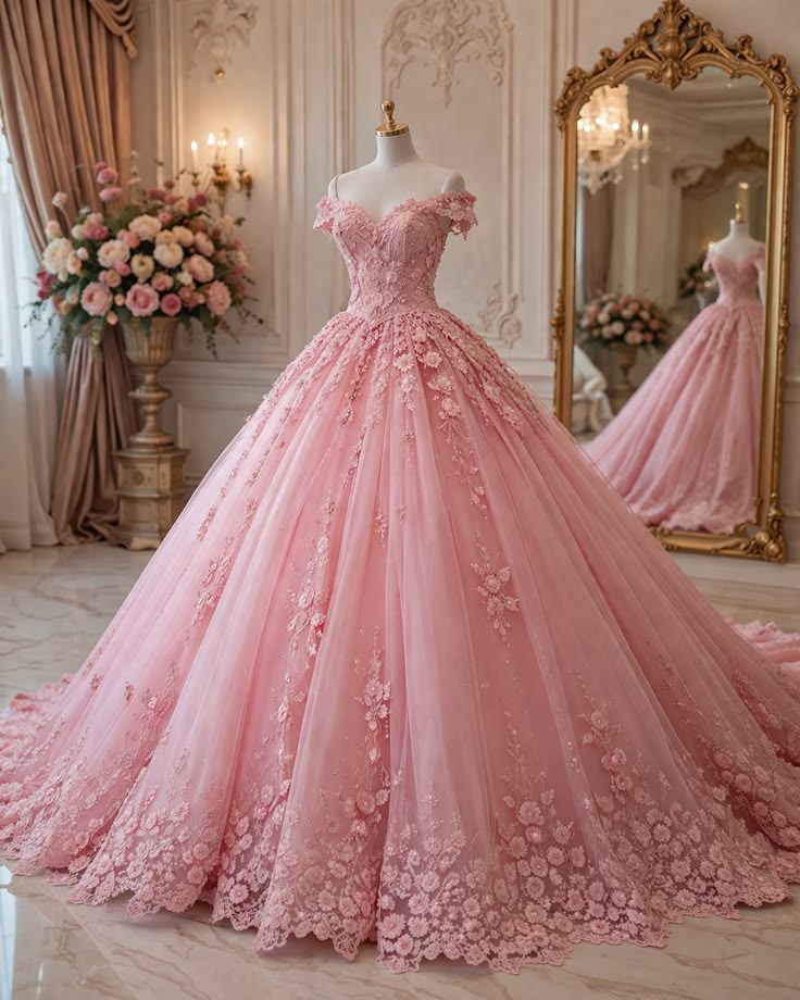 Dreamy pink Princess Ball Gown Wedding & Formal Events Off The Shoulder With Flowers Quince Dress Quinceanera Dresses Birthday Outfits RB8229