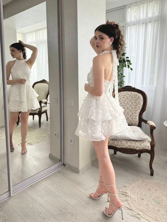 Fancy Ball Gown Halter White Lace Mini Senior Inspo Short Party Formal Homecoming Dresses RB3005