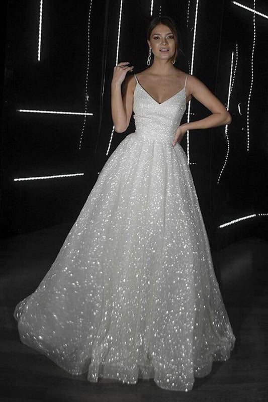 Sparkly A Line Spaghetti Strap White Sequin Long Prom Dresses Senior Graduation Dance Evening Outfits N031