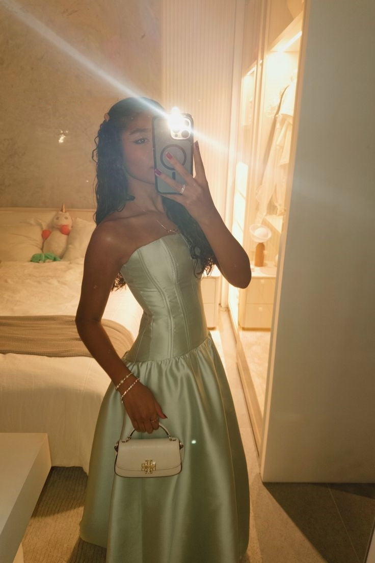 Beautiful Sage Green Ball Gowns Strapless Satin Party Dresses Prom Dresses Impress Wedding Guest Dress N292