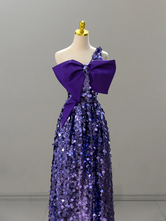 Sexy A Line One Shoulder Grape Sequin Long Prom Dresses Sparkly Evening Gowns A008