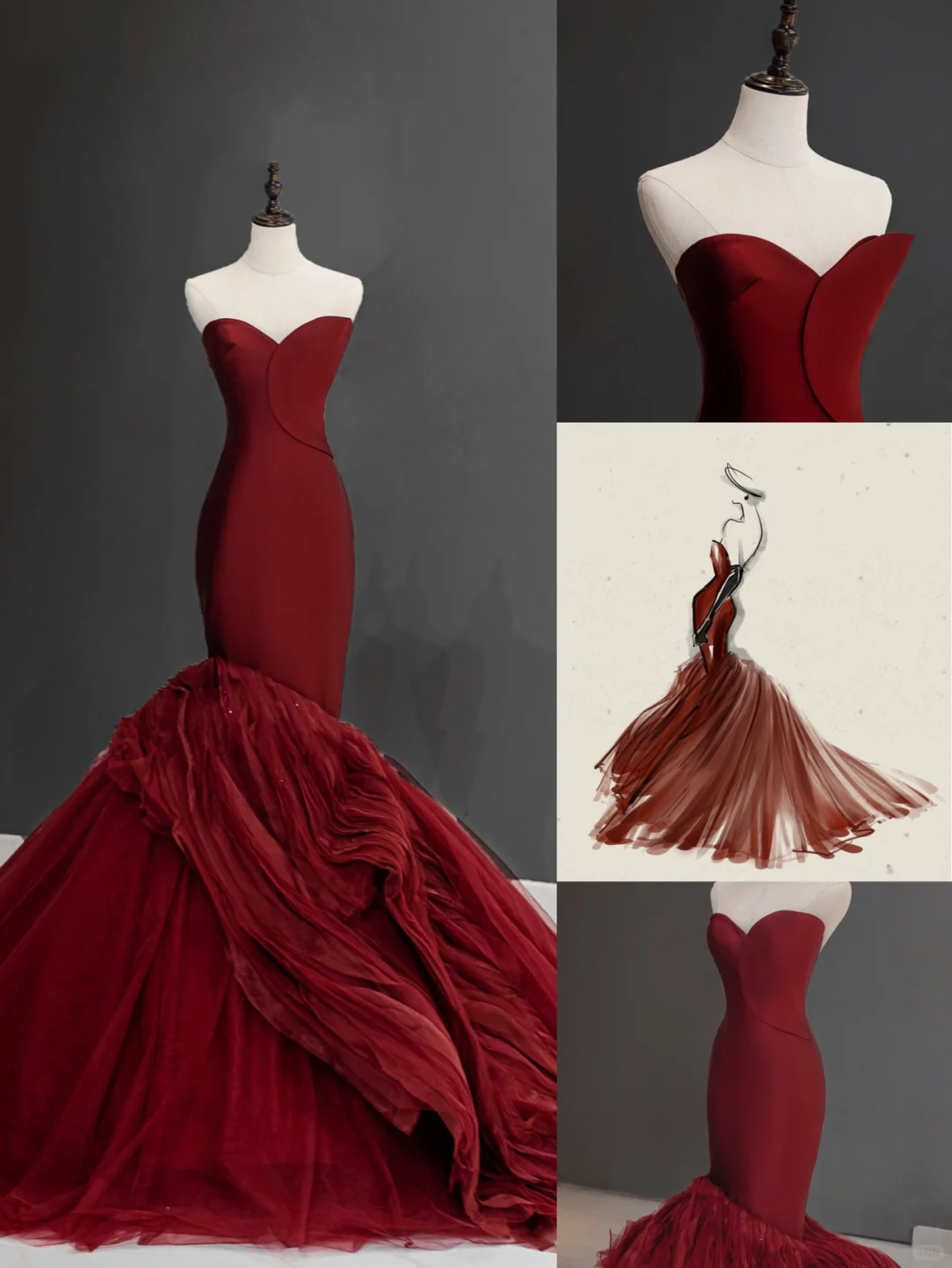 Vintage Mermaid Sweetheart Neck Burgundy Red Tulle Sleeveless Long Prom Dresses Prom Gowns A011