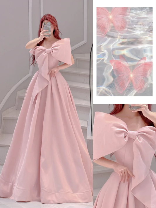 Cute A line One Shoulder Pink Satin Sleeveless Long Prom Dresses Prom Gowns Evening Dress A019