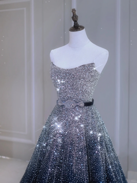 Sparkly Ball Gown Strapless Navy Blue Beads Sequin Sleeveless Long Prom Dresses Prom Gowns Evening Dress A023