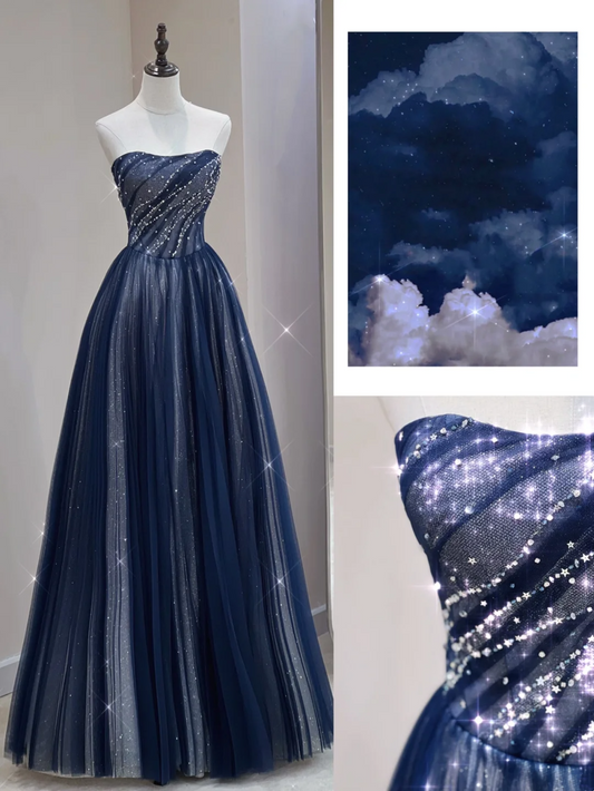 Classy A Line Strapless Navy Blue Sleeveless Sparkly Long Prom Dresses Inspiration Special Evening Gowns A032