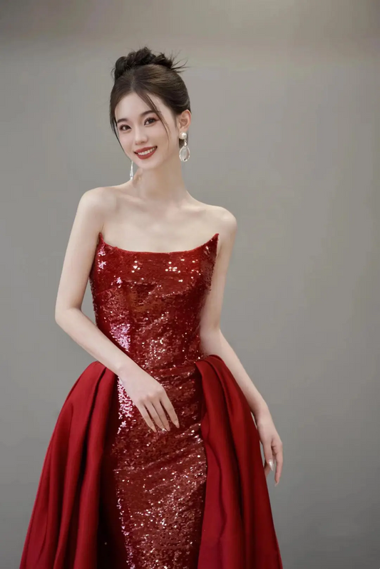 Vintage Mermaid Strapless Red Sequin With Train Floor Length Prom Dress Inspiration Long Sequin Prom Dresses A050