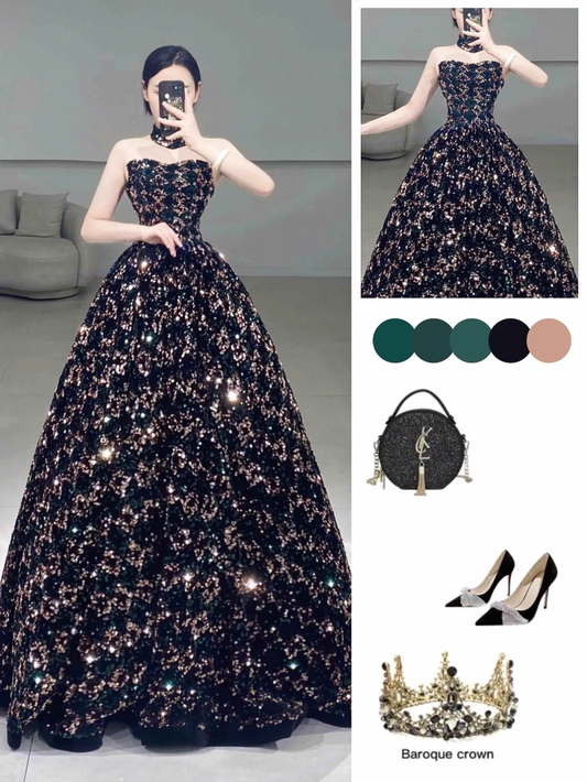 Sweet Black Strapless Ball Gown Sequin Long Quinceanera Dress Gorgeous Quinceanera Dresses Sweet 15 16 Dress A062
