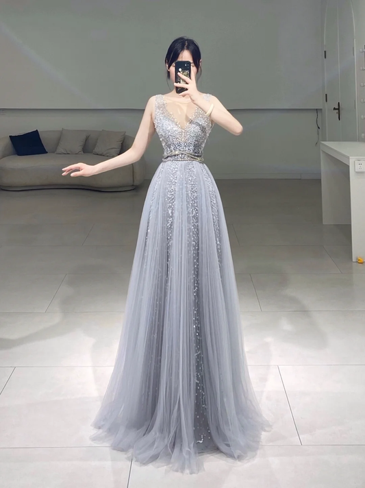 Modest A line Boat Neck Gray Tulle Sleeveless Floor Length Prom Dress Inspiration Long Prom Dresses A066