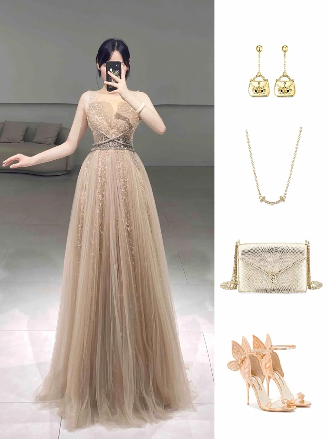 Modest A line Boat Neck Champagne Tulle Sleeveless Floor Length Prom Dress Inspiration Long Prom Dresses A067