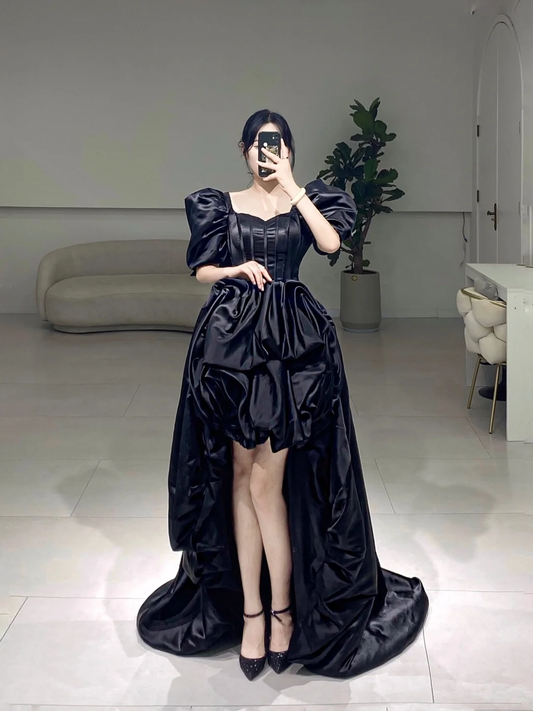 Modest High Low Sweetheart Short Sleeves Black Satin Pleated Floor Length Prom Dress Inspiration Long Prom Dresses A073