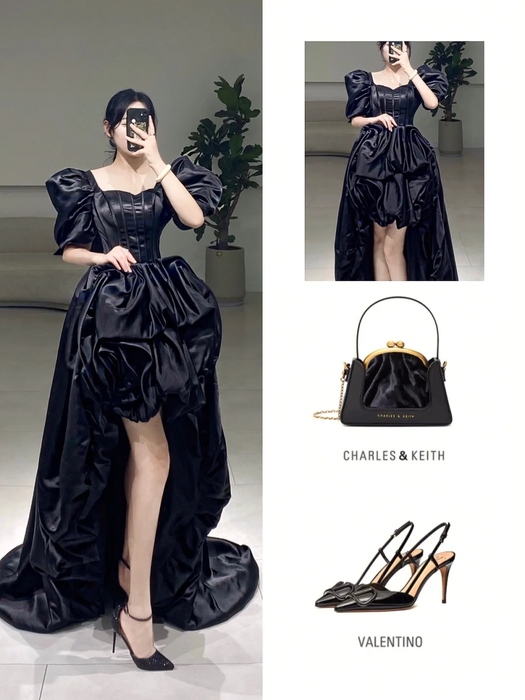 Modest High Low Sweetheart Short Sleeves Black Satin Pleated Floor Length Prom Dress Inspiration Long Prom Dresses A073