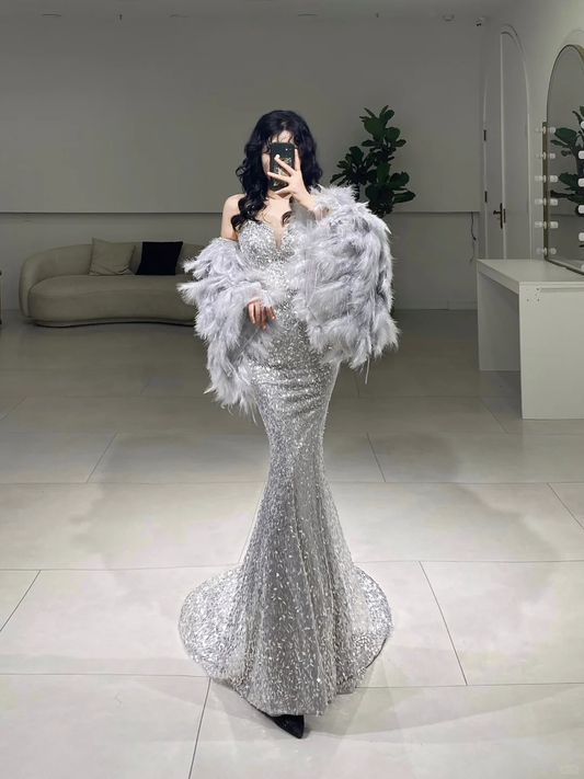 Timeless Mermaid Sweetheart Silver Sequin Prom Dress Inspiration Long Sexy Prom Dresses A075