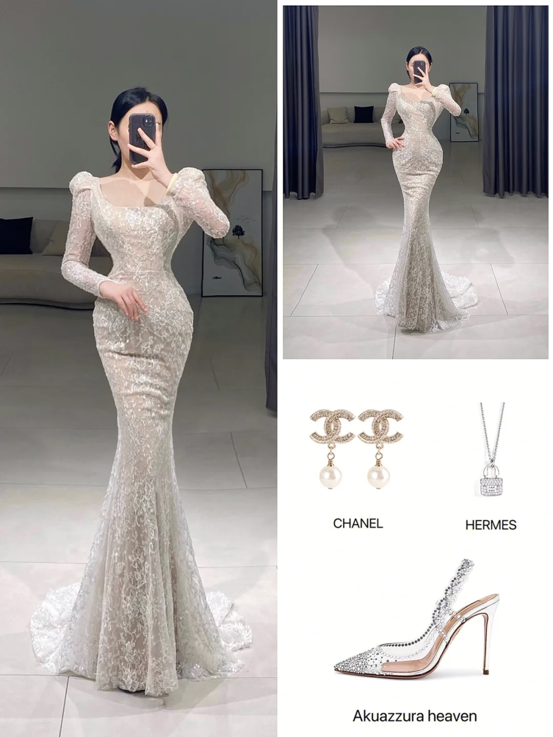 Timeless Mermaid Square Neck White Lace Long Sleeves Long Wedding Dress Beautiful Formal Cute Wedding Dresses A086