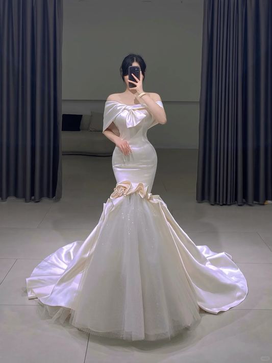 Timeless Mermaid Off The Shoulder White Satin Long Wedding Dress Beautiful Formal Cute Wedding Dresses A089