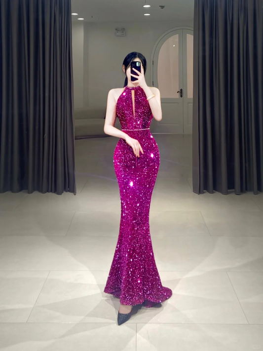 Elegant Mermaid Scoop Sequin Sparkly Pleated Floor Length Prom Dress Inspiration Long Prom Dresses A094