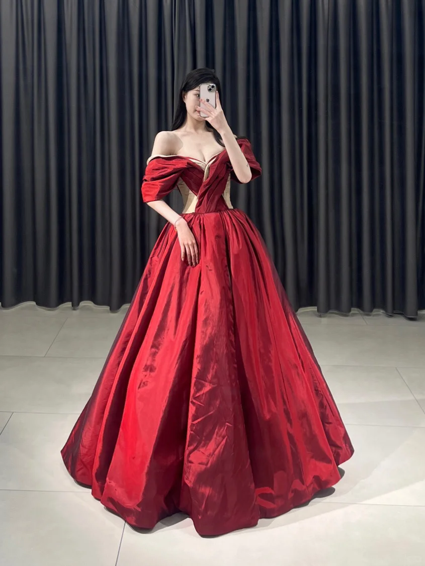 Modest Ball Gown Off The Shoulder Burgundy Taffeta Short Sleeves Floor – RubyFashionDress