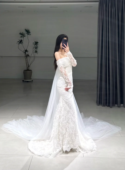 Timeless Mermaid Off The Shoulder White Lace Long Sleeves Wedding Dress Beautiful Formal Cute Wedding Dresses A103
