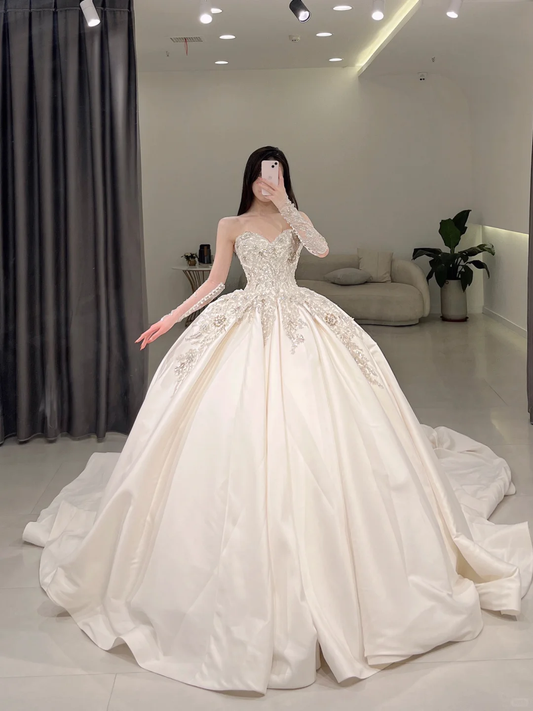 Elegant Ball Gown Sweetheart Satin Sleeveless Long Wedding Dress Beautiful Formal Cute Wedding Dresses A109