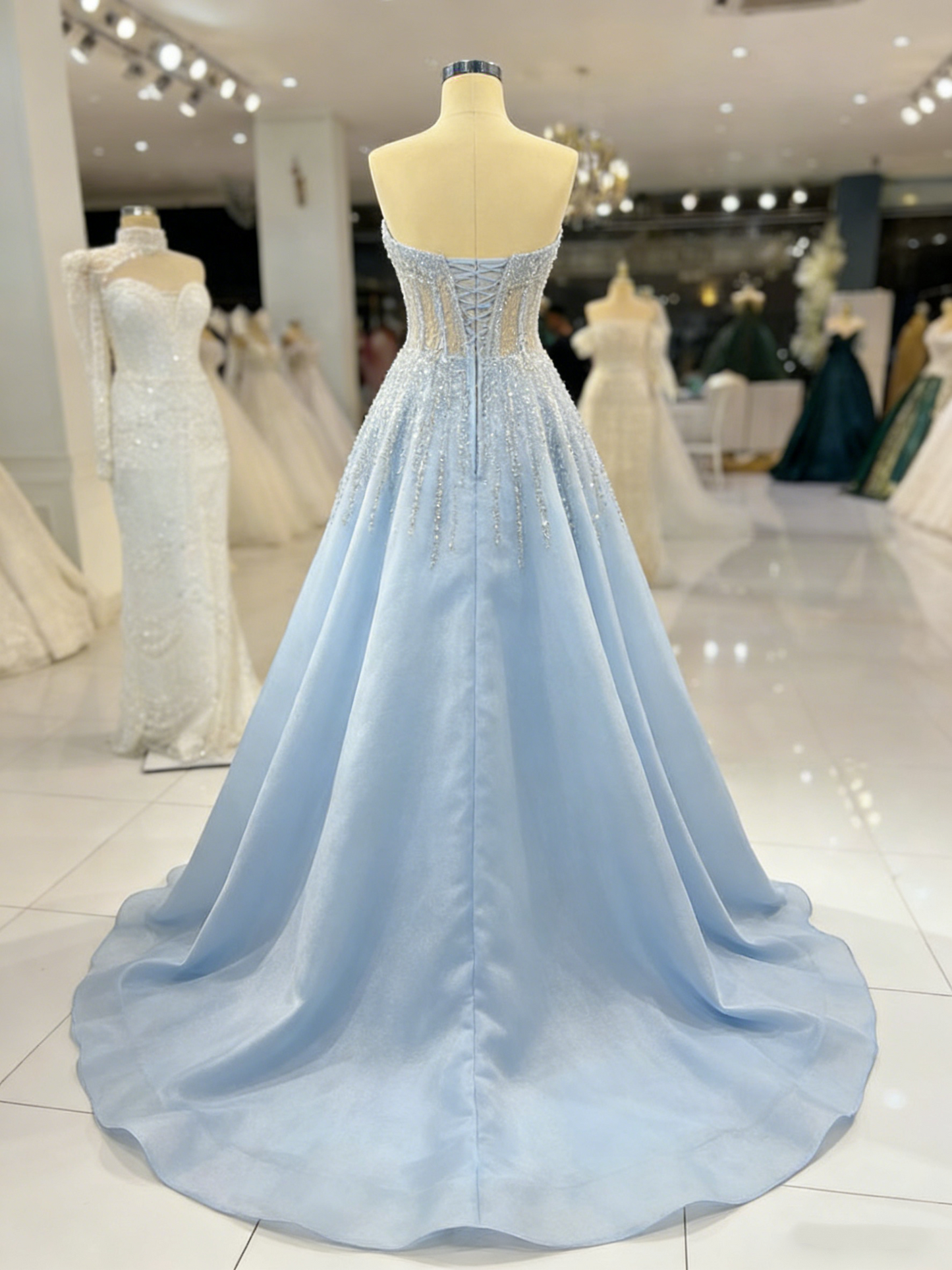 Modest A line Sweetheart Light Sky Blue Tulle Sequin Long Prom Dresses For Teens Formal Dress Party Outfits Prom Gowns AB1081
