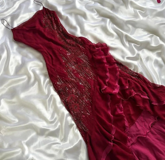 Vintage Mermaid Spaghetti Straps Hot Pink Chiffon For Women Party Dresses Formal Prom Dress Inspo 22th Birthday Gown AB1382