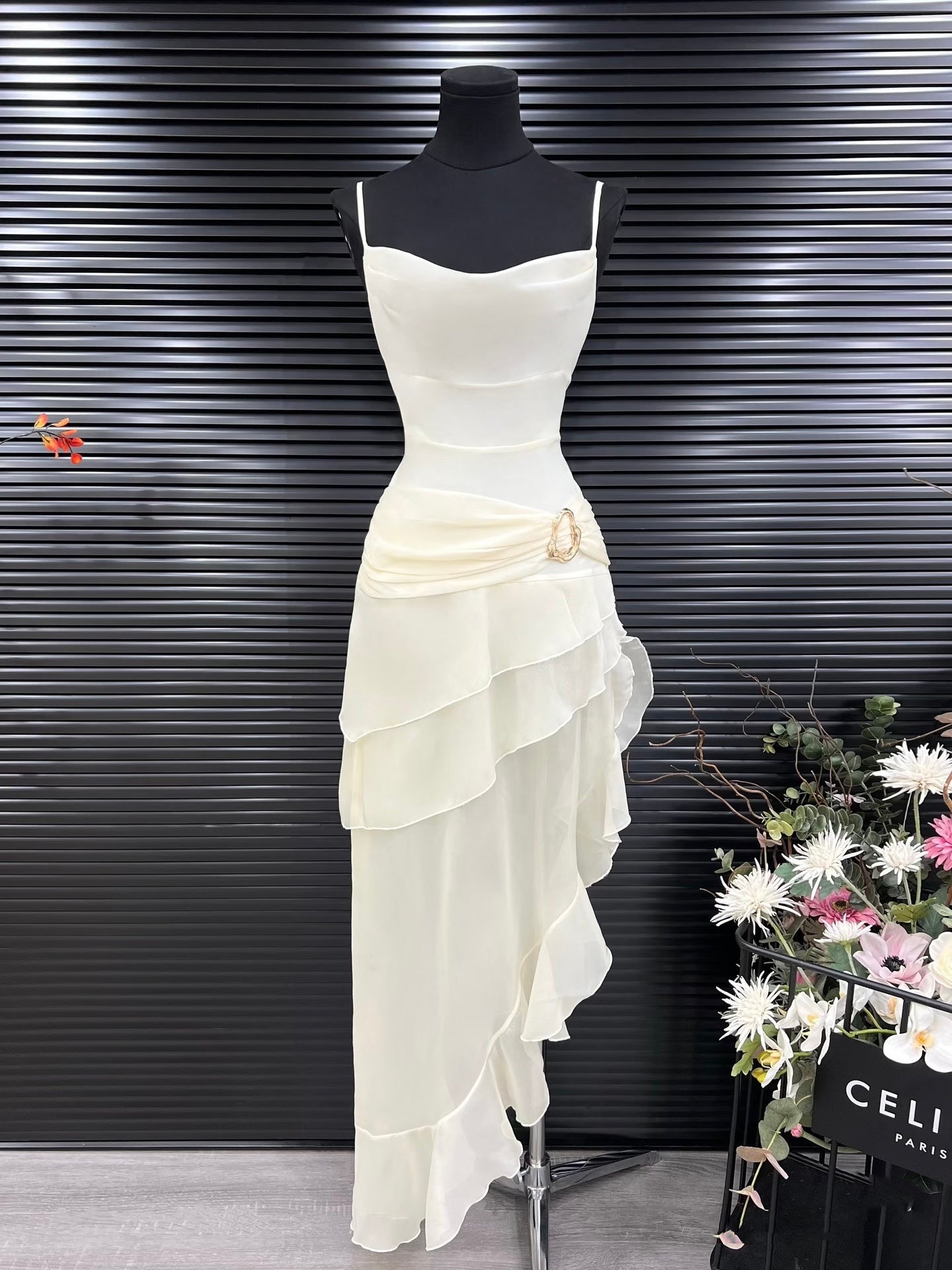 Modest Mermaid Spaghetti Strap Ivory Chiffon Party Dress Pleated Prom Dresses AB143