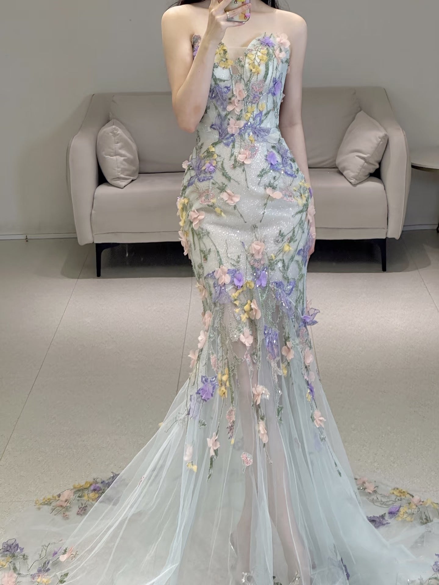 Princess Mermaid Sweetheart Lace Floral Long Prom Dress Fashion Aesthetic For Teens Formal Dresses Party Outfits Prom Gown AB2221
