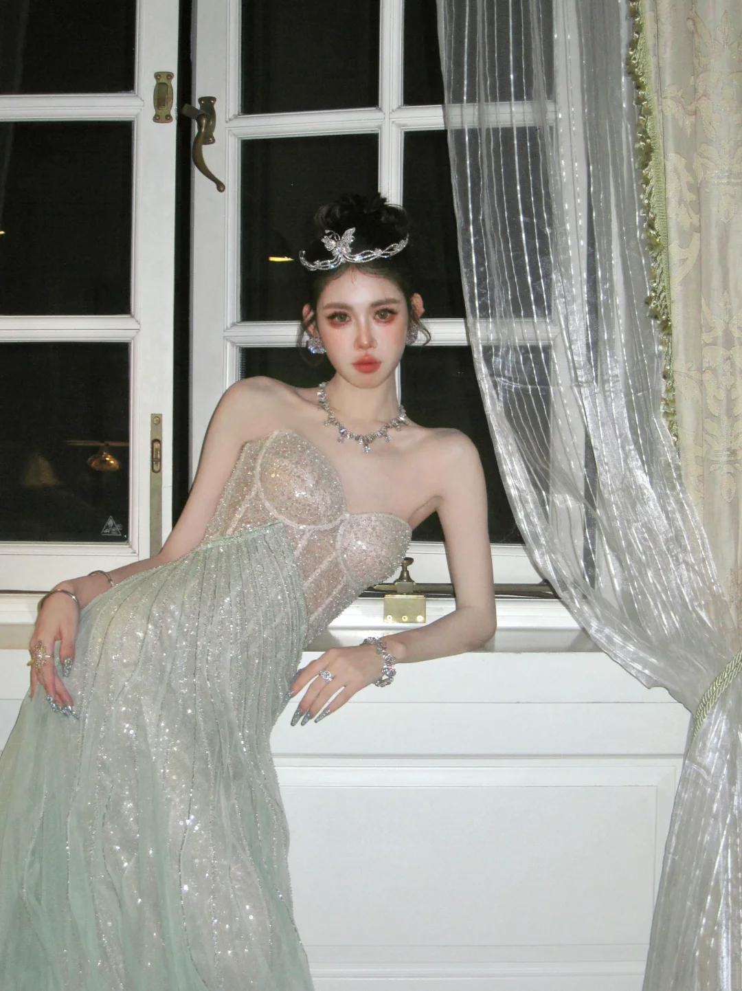 Glitter A line Strapless Green With Beaded Crystals Prom Dress Aesthetic Long Graduation Evening Outfits N069