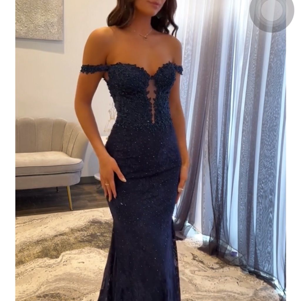 Aesthetic Navy Blue Mermaid Lace Appliques Prom Dresses Long for Women Off the Shoulder Illusion Formal Dress AB678