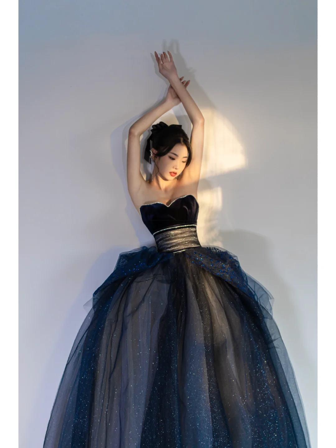 Unique Ball Gown Strapless Navy Blue Tulle With Pleated Long Quinceanera Dresses Sweet 15 16 Birthday Gown AB846