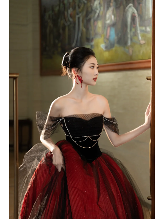 Unique Ball Gown Off The Shoulder Red Black Tulle With Pleated Long Quinceanera Dresses Sweet 15 16 Birthday Gown AB847