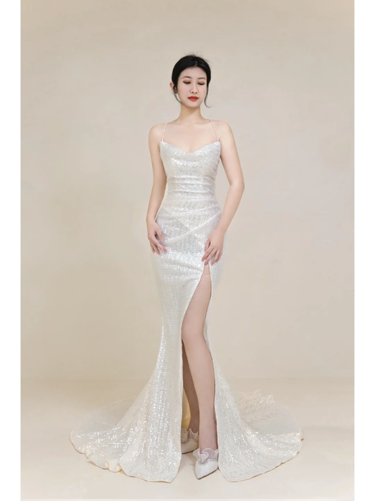 Timeless Mermaid Spaghetti Straps White Sequin Long Bride Dress Summer Simple Classy Wedding Dresses AB851