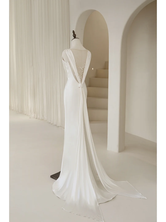 Timeless Mermaid V Neck White Satin Long Bride Dress Summer Simple Classy Wedding Dresses AB874