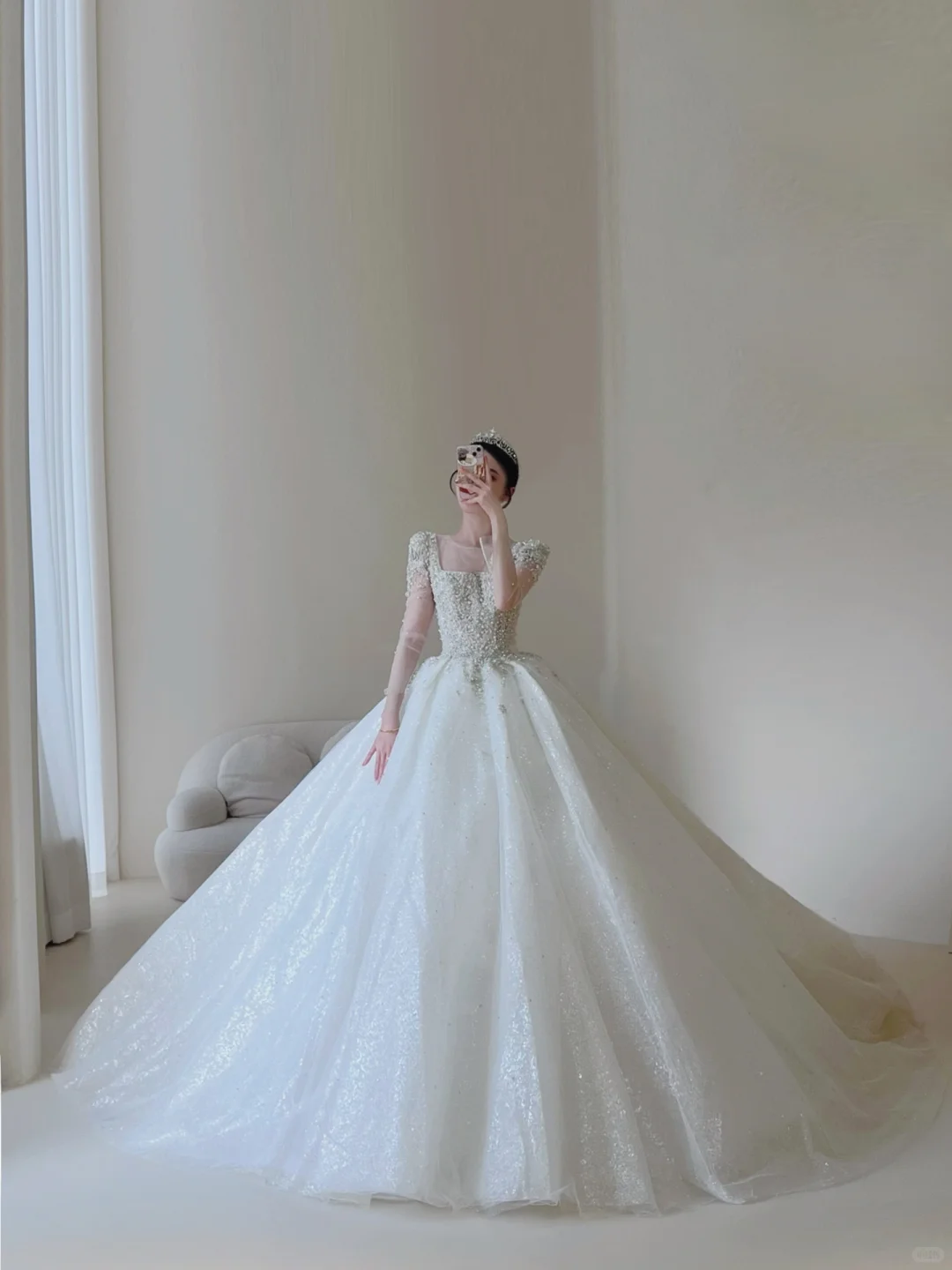 Princess Women's Wedding Dress With Sleeves for Bride Lace Applique Square Neck Brides Dress Ball Gowns AB882