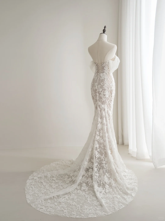 Timeless Women's White Sweetheart Wedding Dress Mermaid With Sleeves Lace for Bride Applique Brides Dress AC001