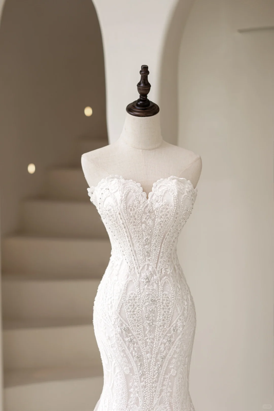 Luxury Mermaid Wedding Dresses For Women Sweetheart Neck Sleeveless Lace Tulle Sweep Bridal Gown AC029