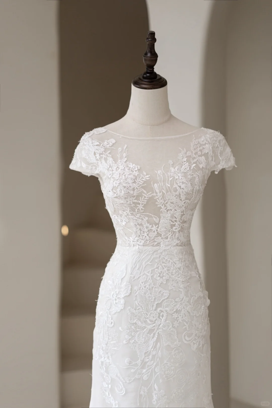 Luxury Mermaid Wedding Dresses For Women Boat Cap Sleeves Lace Tulle Sweep Bridal Gown AC030