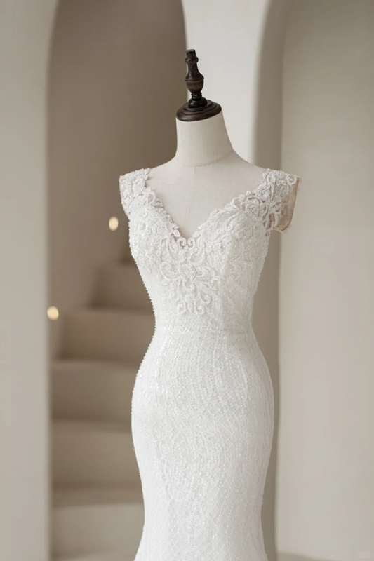 Timeless Women's Mermaid V Neckline White Tulle With Appliqued Wedding Dress Mermaid for Bride Dresses AC043