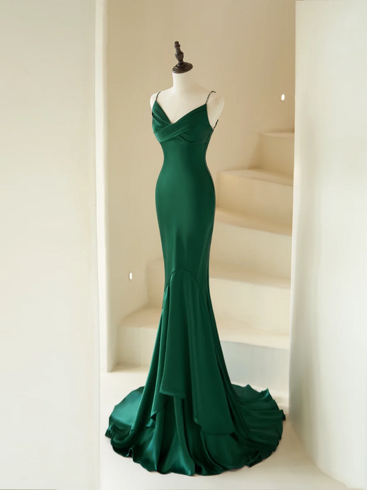 Modest Mermaid Spaghetti Straps With Beads Long Dark Green Satin For Women Party Dress Formal Prom Dresses 22th Birthday Outfits AC065
