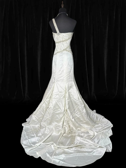 Vintage Wedding Gowns Brides Dresses 1950s 1940s Mermaid One Shoulder Satin With Silver Beads White Petite/Plus Size Bridal Gown For Women AS002