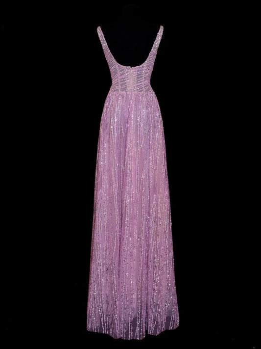Affordable Sequin 1950s Formal A Line Square Neck Pink Pleated With Beaded Style Impress Long Prom Dresses Party Formal Gowns SA004