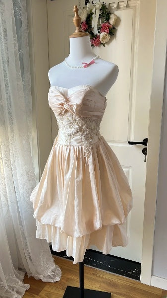Sexy Hoco Dress A line Sweetheart Champagne Lace Satin Homecoming Party Dress RC0374