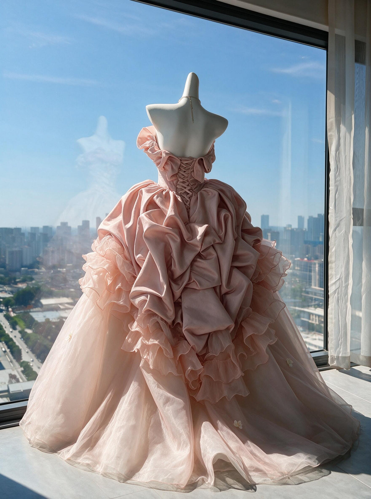 Fairy Quinceanera Dress Ball Gown Strapless Pink Satin Tulle With Flowers Tiered 16th Birthday Party Outfit RC0966