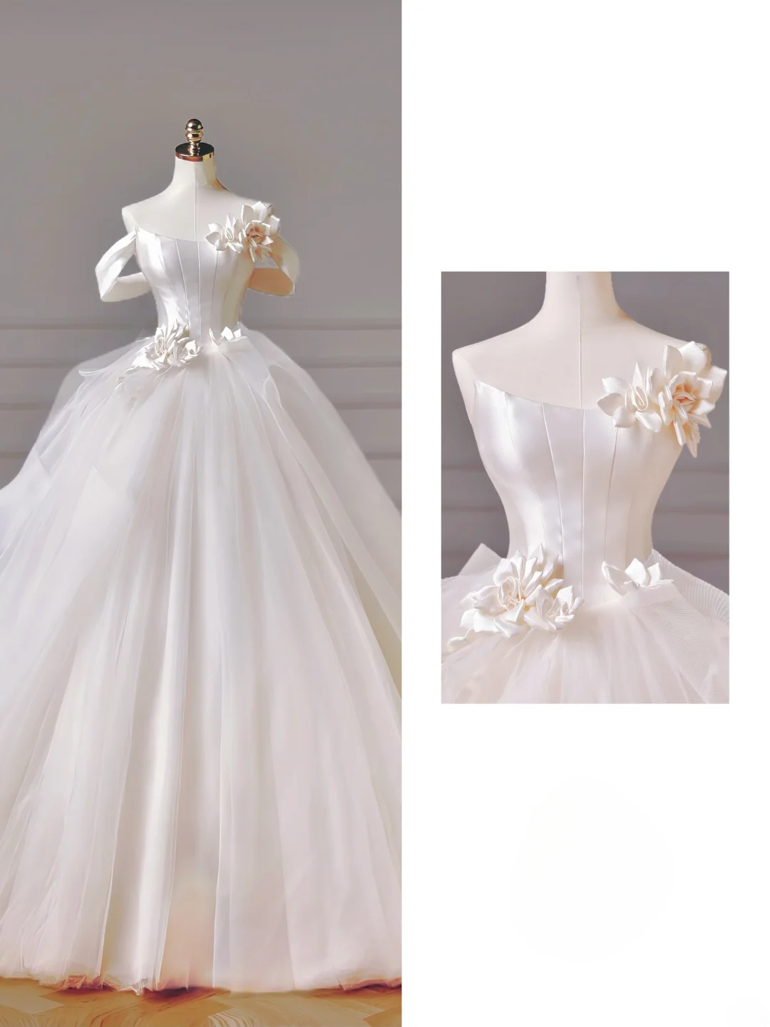 Princess Long Wedding Gowns Ball Gown Off The Shoulder Short Sleeves Pleated Tulle for Bride With Flower Train White Bridal Dress AQ008