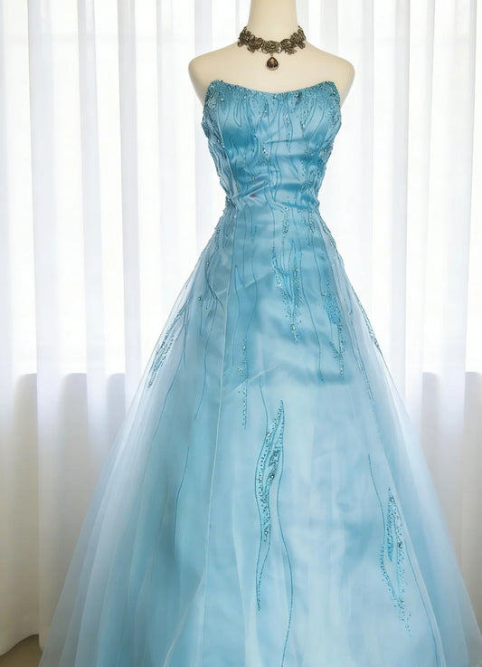 Unique Ball Gown Strapless Blue Tulle 90s With Beaded Bodice For Women Long Prom Dress 20th Birthday Gowns AS009